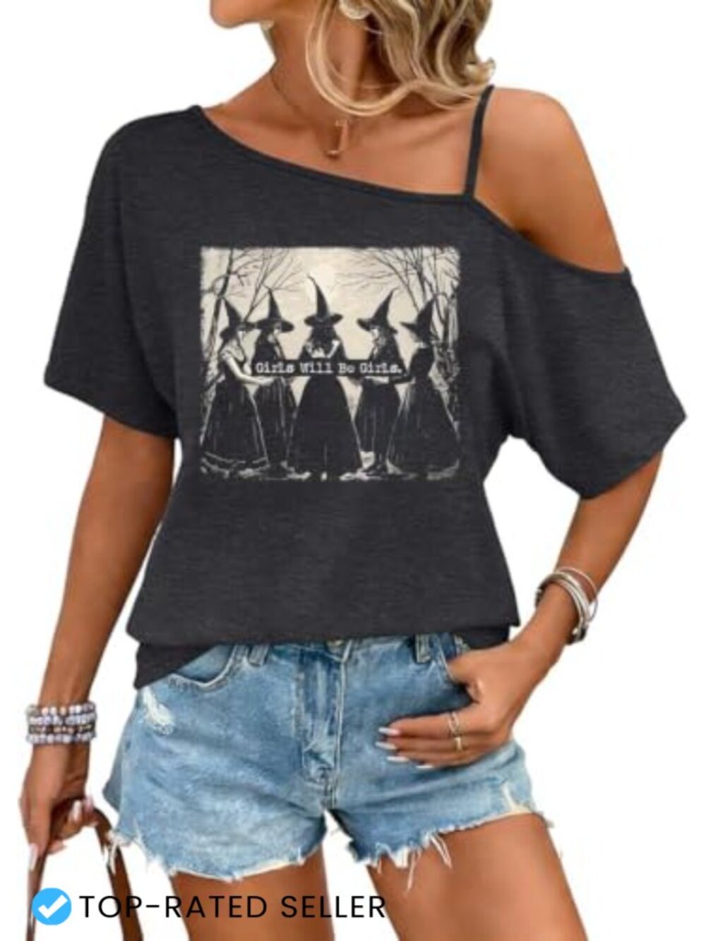 Off Shoulder Halloween T-Shirt Cotton Blend Pumpkin Ghost Fall Tee